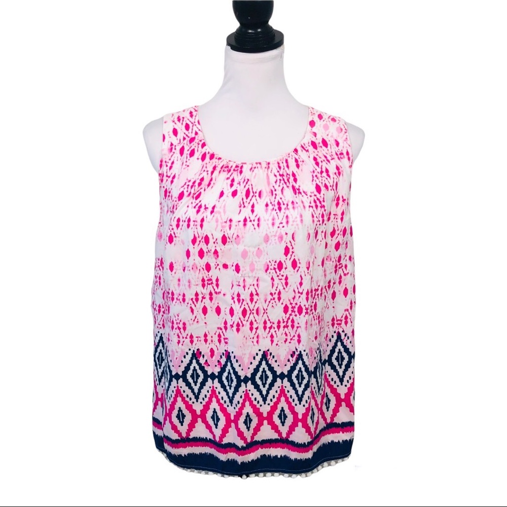 Rafaella Pink White and Navy Geometric Print Sleeveless Blouse